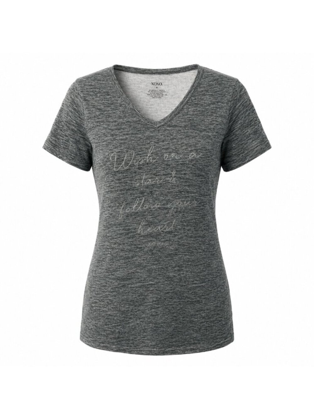 XOXO Women's Medium Gray Graphic V-Neck T-Shirt Short Sleeve Stretch Casual